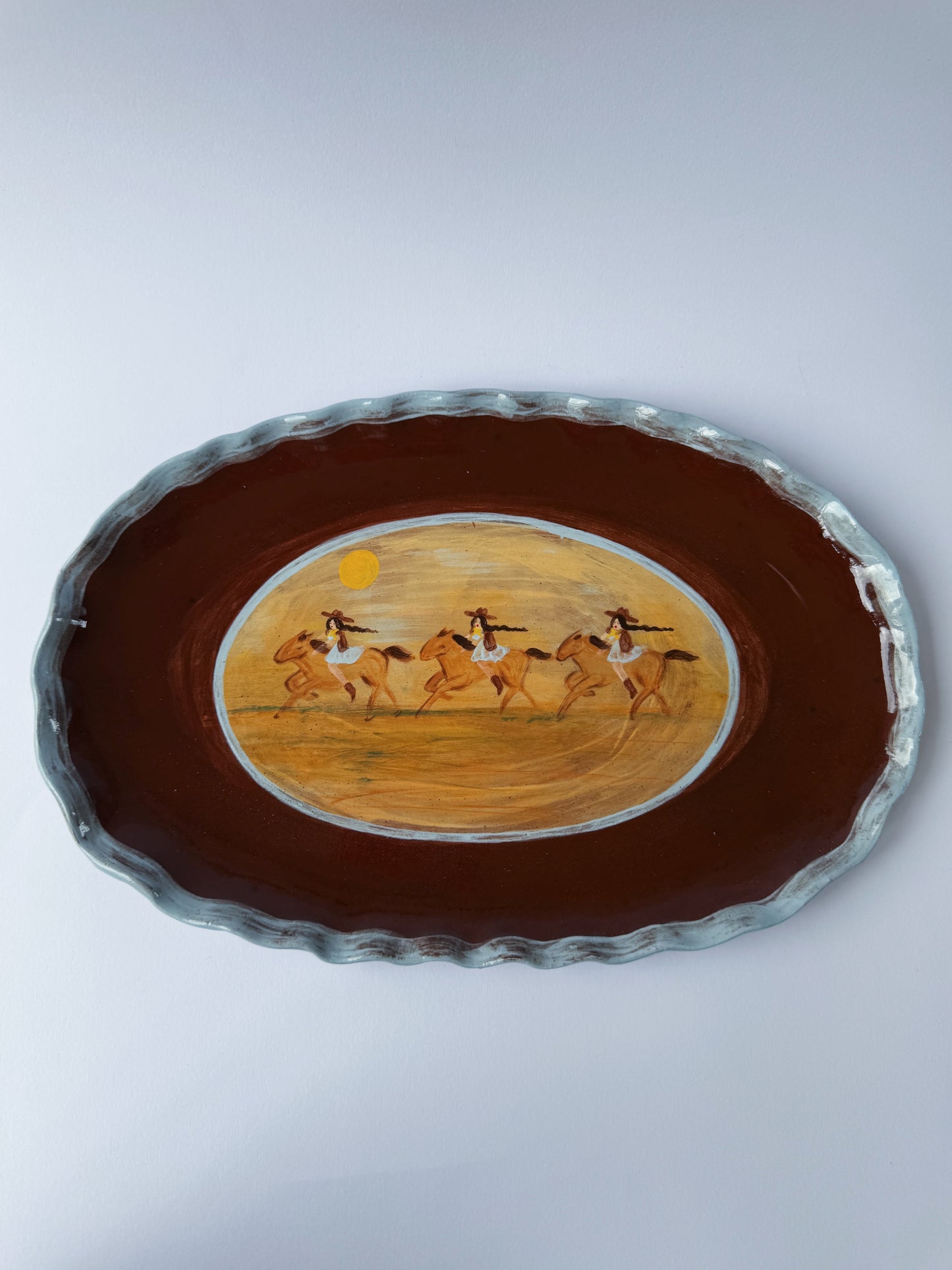 Three Riders Oval Plate - Brown & Blue