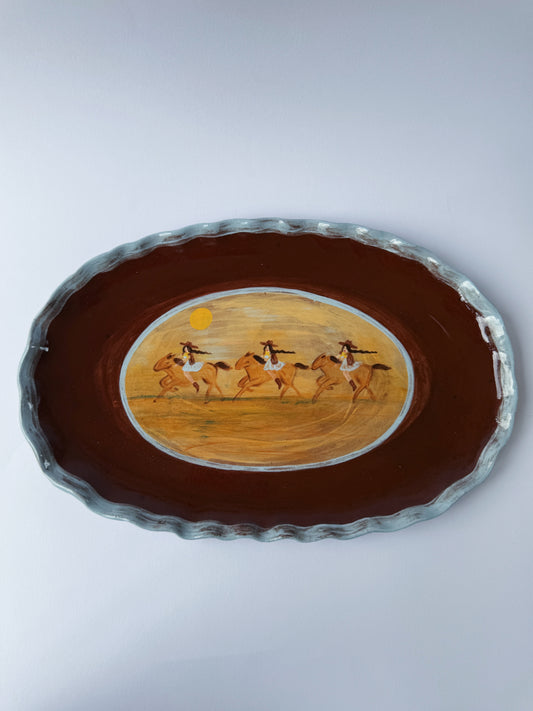 Three Riders Oval Plate - Brown & Blue