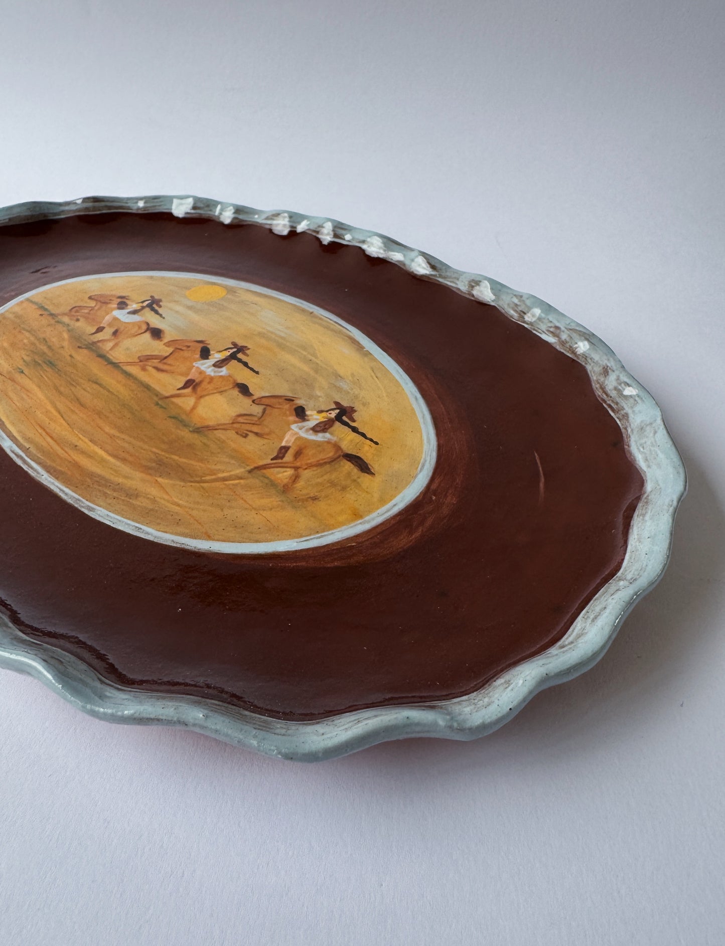 Three Riders Oval Plate - Brown & Blue